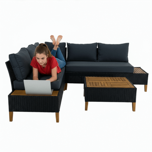 Záhradný ratanový set, akáciové drevo, čierna/sivá/prírodná, MALKOM