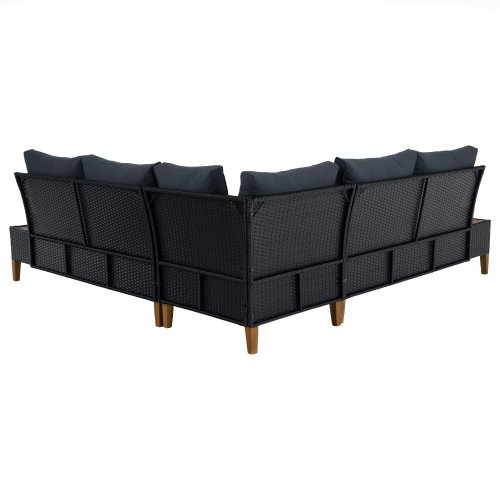 Záhradný ratanový set, akáciové drevo, čierna/sivá/prírodná, MALKOM