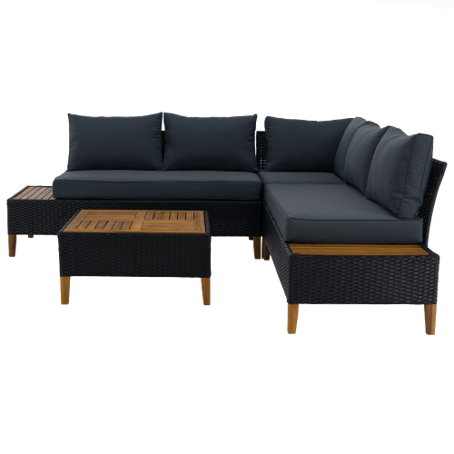 Záhradný ratanový set, akáciové drevo, čierna/sivá/prírodná, MALKOM