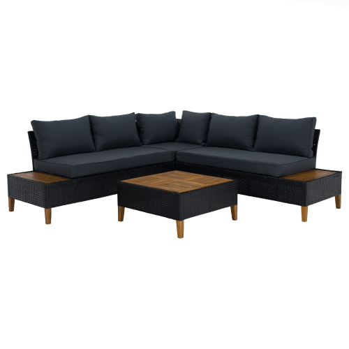 Záhradný ratanový set, akáciové drevo, čierna/sivá/prírodná, MALKOM