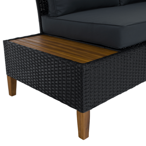 Záhradný ratanový set, akáciové drevo, čierna/sivá/prírodná, MALKOM