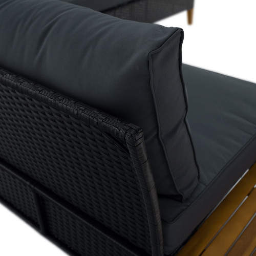 Záhradný ratanový set, akáciové drevo, čierna/sivá/prírodná, MALKOM