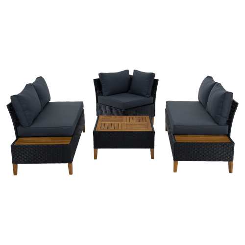 Záhradný ratanový set, akáciové drevo, čierna/sivá/prírodná, MALKOM