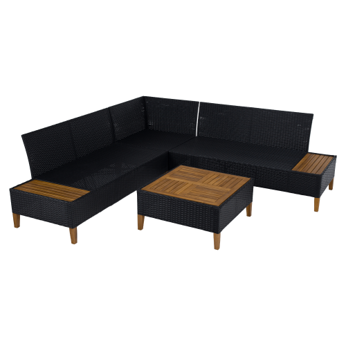 Záhradný ratanový set, akáciové drevo, čierna/sivá/prírodná, MALKOM