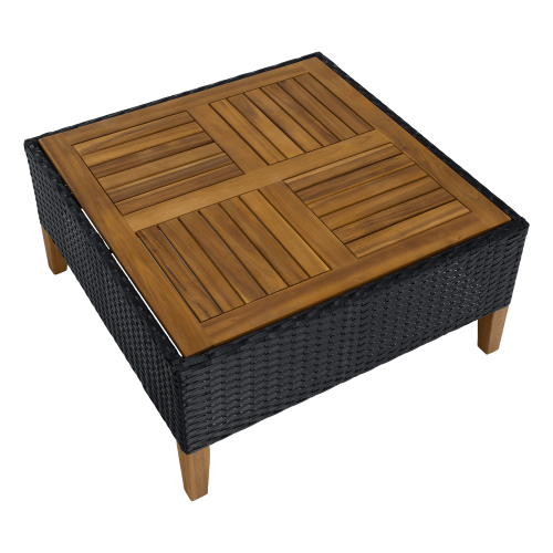 Záhradný ratanový set, akáciové drevo, čierna/sivá/prírodná, MALKOM