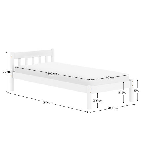 Posteľ s roštom, biela, borovicové drevo, 90x200, MAVIL