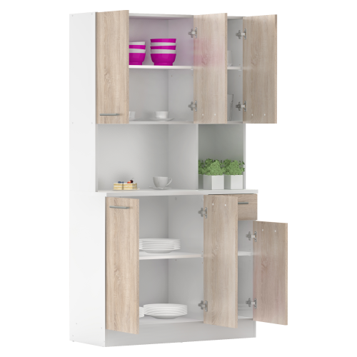 Šesťdverový kredenc, biela/dub sonoma, PELION NEW