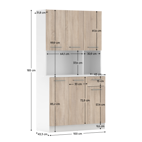 Šesťdverový kredenc, biela/dub sonoma, PELION NEW