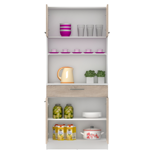 Štvordverový kredenc, biela/dub sonoma, DOMIS NEW