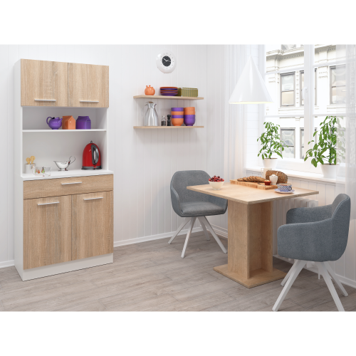 Štvordverový kredenc, biela/dub sonoma, DOMIS NEW