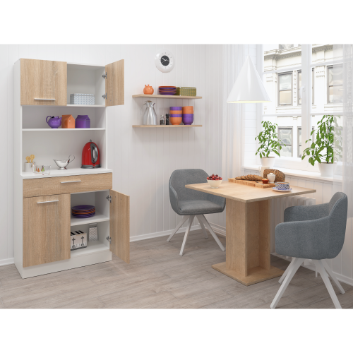 Štvordverový kredenc, biela/dub sonoma, DOMIS NEW