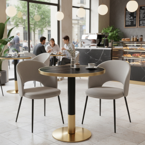 Jedálenský bistro stôl, čierny mramor/čierna/zlatá, priemer 80 cm, OREN