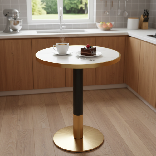 Jedálenský bistro stôl, biely mramor/čierna/zlatá, priemer 80 cm, OREN