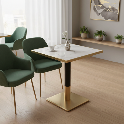 Jedálenský bistro stôl, biely mramor/čierna/zlatá, 70x70 cm, PRESTON