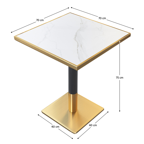 Jedálenský bistro stôl, biely mramor/čierna/zlatá, 70x70 cm, PRESTON