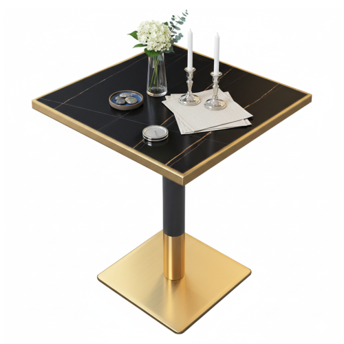 Jedálenský bistro stôl, čierny mramor/čierna/zlatá, 70x70 cm, PRESTON
