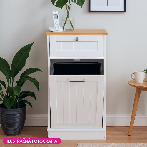 Výklopná skrinka s odpadkovým košom, biela/bambus, DELINS TYP 1