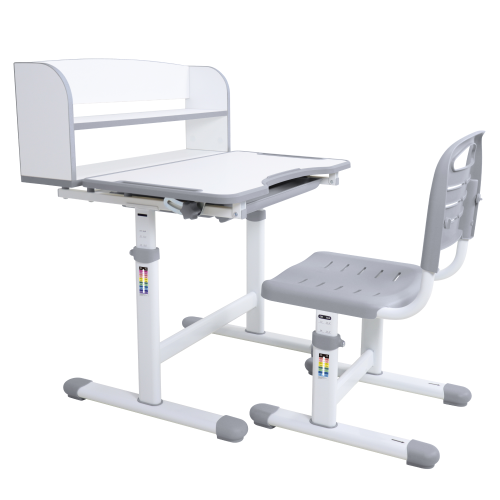 Rastúci písací stôl a stolička, sivá/biela, set ZION