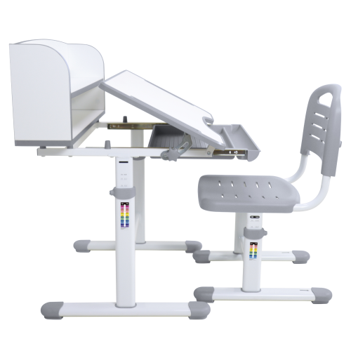 Rastúci písací stôl a stolička, sivá/biela, set ZION