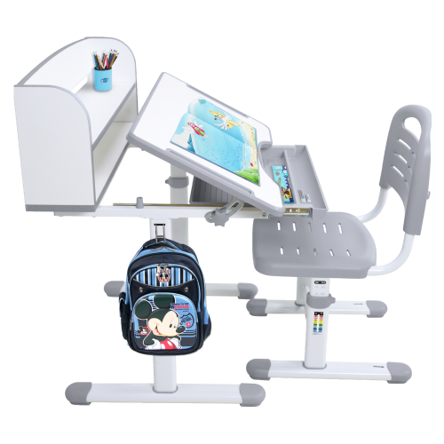 Rastúci písací stôl a stolička, sivá/biela, set ZION