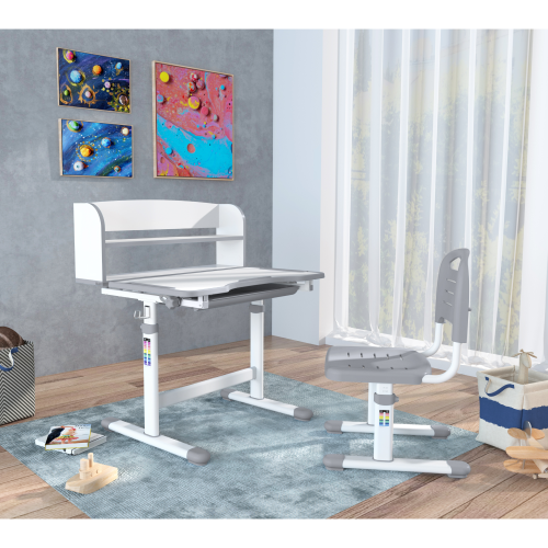 Rastúci písací stôl a stolička, sivá/biela, set ZION