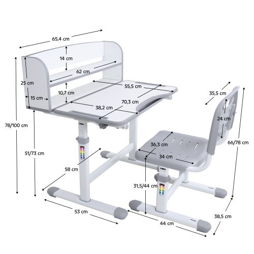 Rastúci písací stôl a stolička, sivá/biela, set ZION
