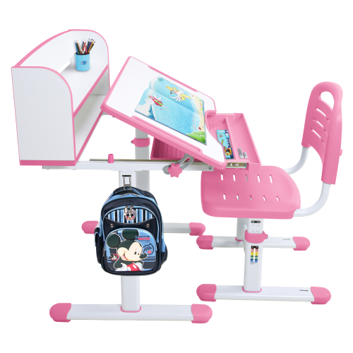 Rastúci písací stôl a stolička, ružová/biela, set ZION