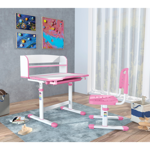 Rastúci písací stôl a stolička, ružová/biela, set ZION