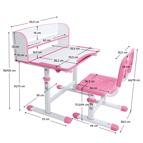 Rastúci písací stôl a stolička, ružová/biela, set ZION