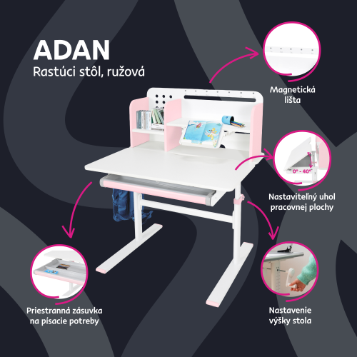 Rastúci písací stôl, ružová/biela, ADAN