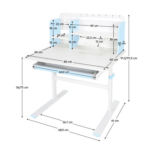 Rastúci písací stôl, modrá/biela, ADAN
