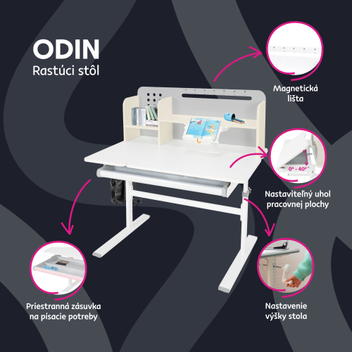 Rastúci písací stôl, sivá/biela, ODIN
