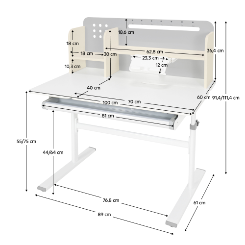Rastúci písací stôl, sivá/biela, ODIN