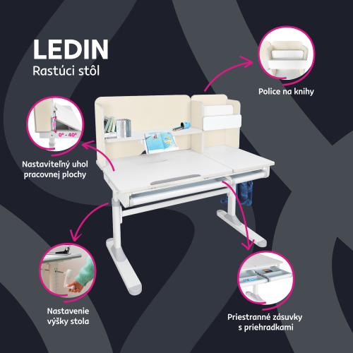 Rastúci písací stôl, natural/biela, LEDIN