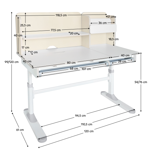 Rastúci písací stôl, natural/biela, LEDIN