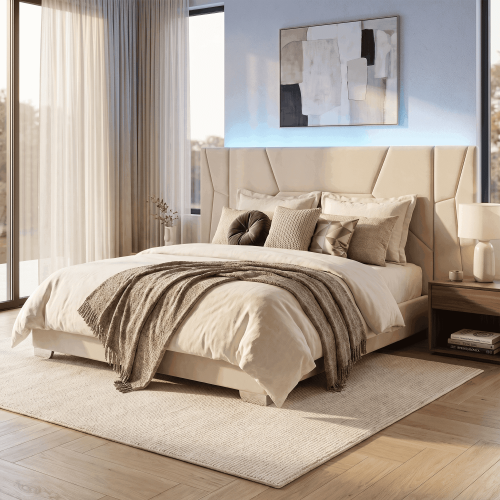Posteľ s roštom a LED osvetlením, 160x200, béžová Velvet látka, ALTESA Posteľ s roštom a LED osvetlením, 160x200, béžová Velvet látka, ALTESA
