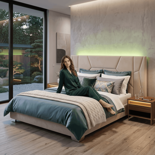 Posteľ s roštom a LED osvetlením, 160x200, béžová Velvet látka, ALTESA Posteľ s roštom a LED osvetlením, 160x200, béžová Velvet látka, ALTESA