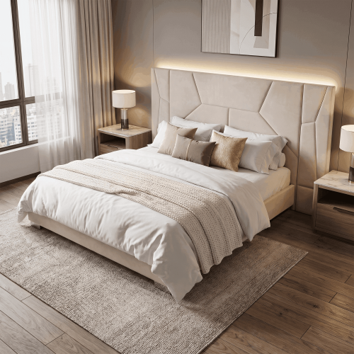 Posteľ s roštom a LED osvetlením, 160x200, béžová Velvet látka, ALTESA Posteľ s roštom a LED osvetlením, 160x200, béžová Velvet látka, ALTESA