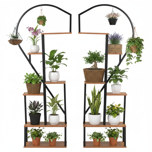 Kovový stojan na kvety, set 2 ks, čierna/dub, AMADIS