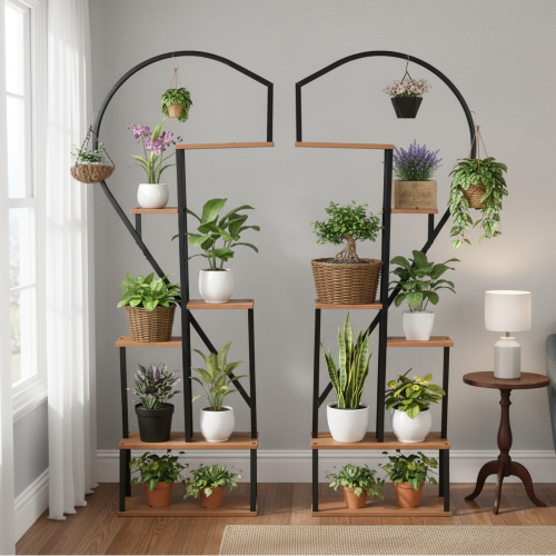 Kovový stojan na kvety, set 2 ks, čierna/dub, AMADIS