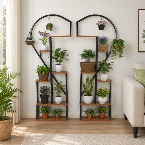 Kovový stojan na kvety, set 2 ks, čierna/dub, AMADIS