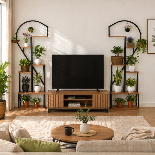 Kovový stojan na kvety, set 2 ks, čierna/dub, AMADIS