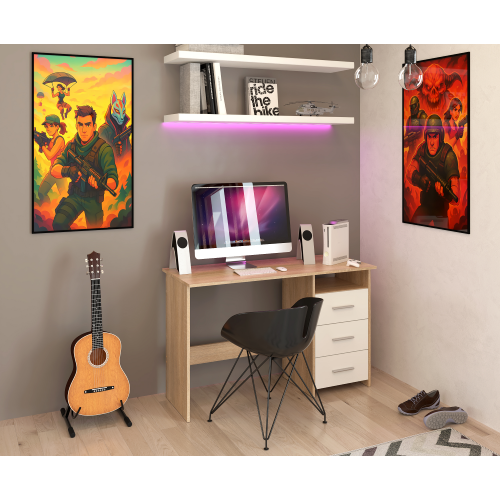 PC stôl, dub sonoma/biela, LARISTOTE NEW