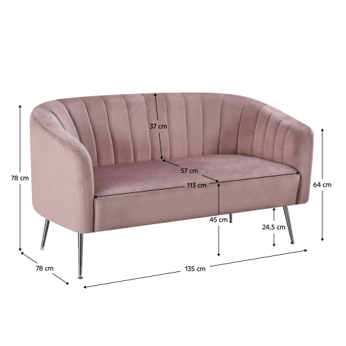 Dizajnový 2-sed, ružová Velvet látka/chróm-strieborný, BAGY Dizajnový 2-sed, ružová Velvet látka/chróm-strieborný, BAGY