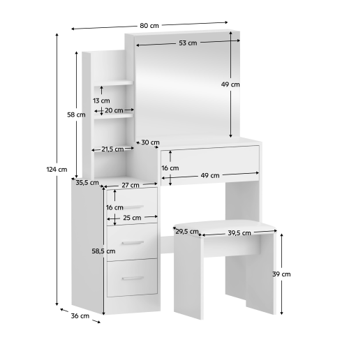 Toaletný stolík s taburetom, biela, RADAS
