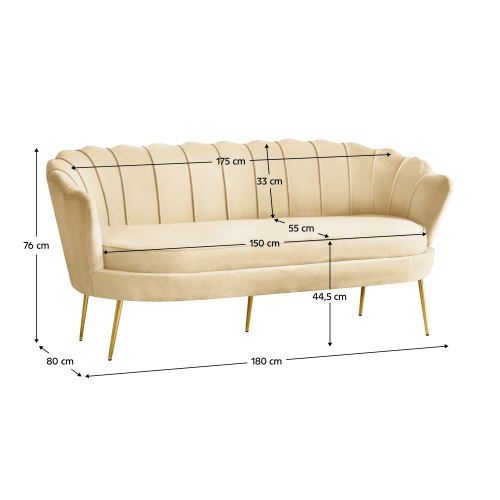 Luxusná pohovka, 3-sed, béžová Velvet látka/zlatá, Art-deco, NOBLEO TYP 2