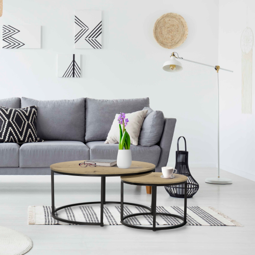 Konferenčné stolíky, set 2 ks, dub/čierna, CIRKO