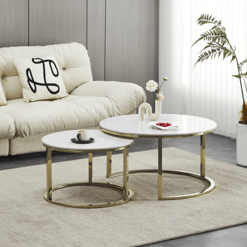 Konferenčné stolíky, set 2 ks, imitácia mramoru/gold chróm-zlatý, DEVNET 3 NEW