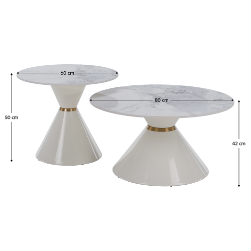 Konferenčné stolíky, set 2 ks, biely mramor/biela/zlatá, kov, MABUZ NEW