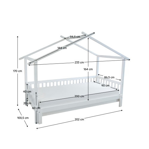 Montessori posteľ s prístelkou, biela, 90x200, KESIO